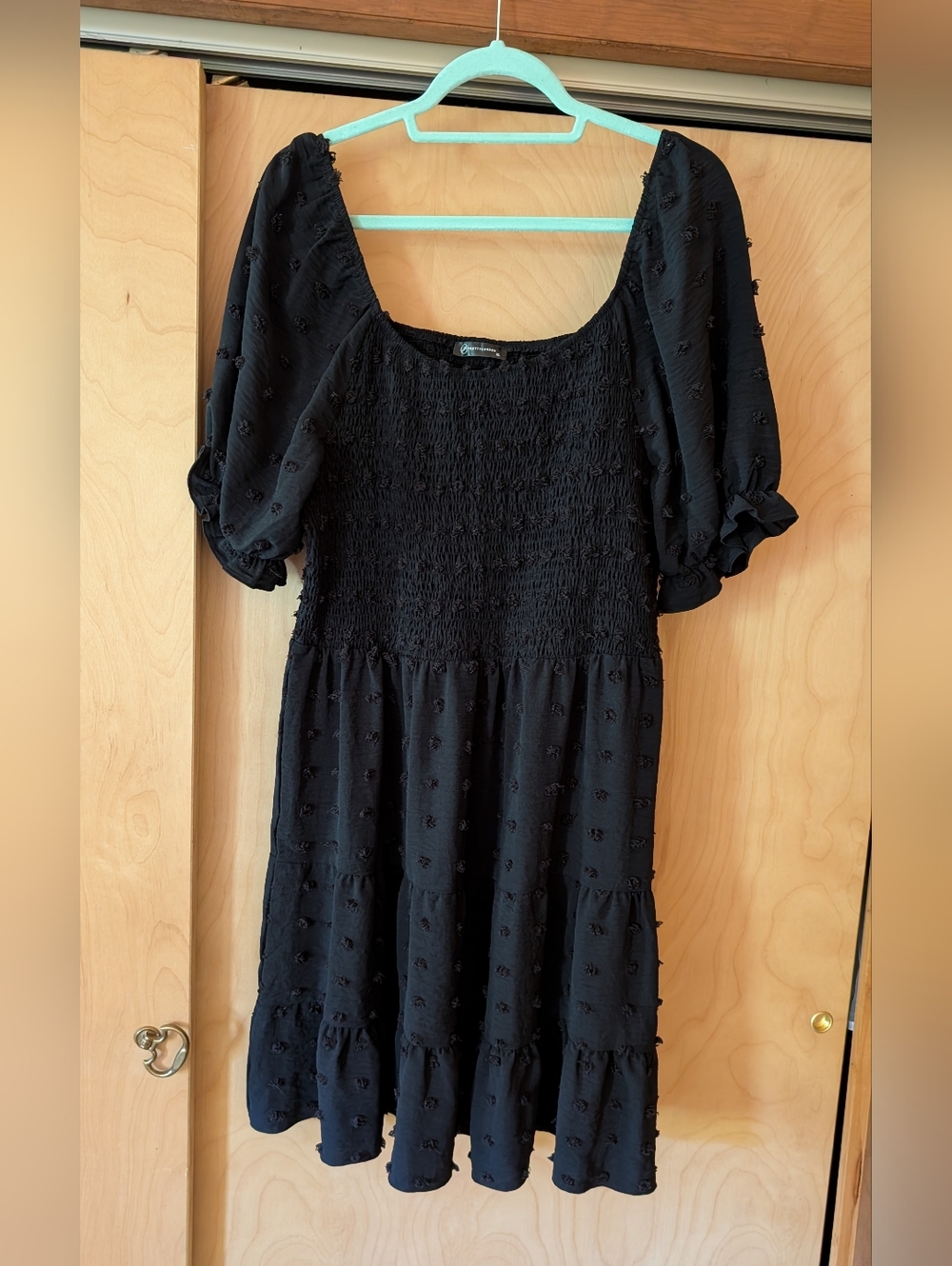Black Smocked Swiss Dot Puff-Sleeve Women’s Dress